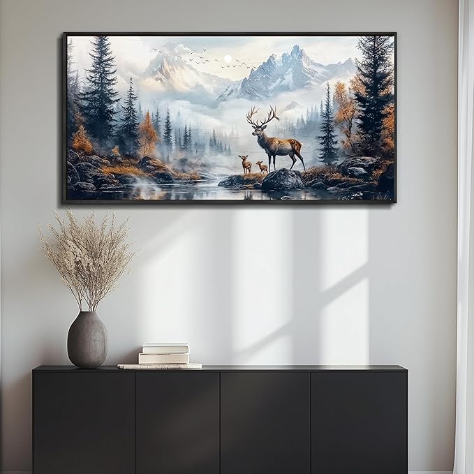 KELIYUAN Large Canvas Wall Art For Office Black Framed Wall Decor For Bedroom Living Room Mural Prints Pictures Lushan Mountain Scenery Painting Stretched and Framed Wall Aesthetics 24"X48"