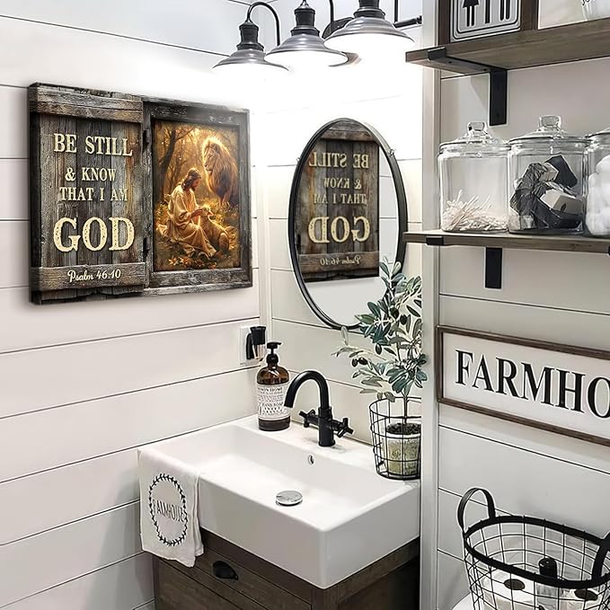 Farmhouse Inspirational Bible Verse Wall Art Be Still and Know That I Am God Rustic Jesus Lion Lamb Canvas Print Framed Artwork Christian Scripture Quotes Wall Decor for Living Room Bedroom 16"x24"