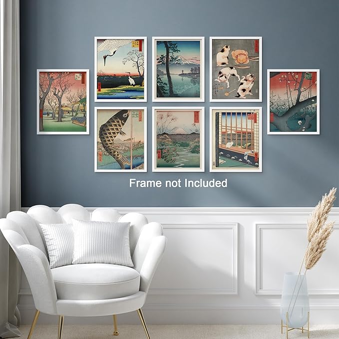 SIGNWIN Poster Wall Art Set of Koinobori The Carp Fish, Plum Park Landscape with 2 Cranes from One Hundred, Plum Blossom in Garden for Living Room, Bedroom, Office - 8"x10"x 8