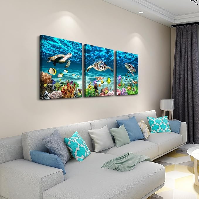Lapremoly Large Canvas Wall Art for Living Room Wall Decor for Bedroom Bathroom Wall Decoration Ocean Sea Turtle Scenery Paintings Modern Pictures Artwork office Ready to Hang Home Decor 3 Pieces