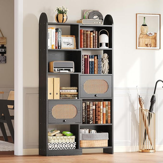 IRONCK Bookshelf and Bookcase with 2 Rattan Design Flip-top Storage Cabinets, 6 Tier 8 Cube Bookcases Storage Shelves Organizer for Living Room, 35.4" Black