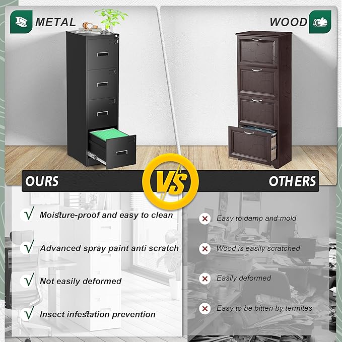 Superday 4 Drawer File Cabinets, 18” D Vertical File Cabinet with Lock, Locking Filing Cabinet for Home Office, Black Metal Filing Cabinets for Hanging Letter/Legal Folders, Easy Assemble