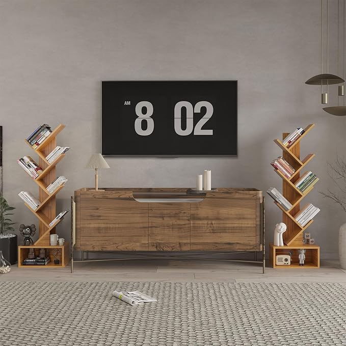 YMYNY 6 Tier Tree Bookshelf, Tall Bookcase, Wood Book Storage Rack with Drawer, Modern Floor Standing Book Shelf for Books/Movies/CDs, Utility Organizer for Living Room, Home Office, Natural UHBC016N
