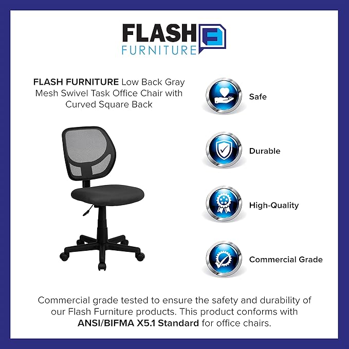 Flash Furniture Neri Low Back Gray Mesh Swivel Task Office Chair with Curved Square Back