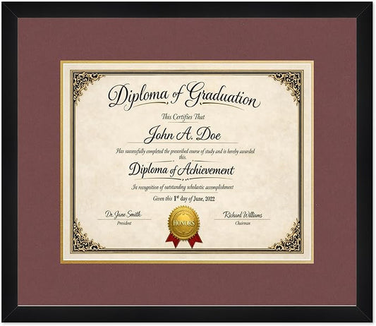 Diploma Frame Matte Black with Dark Red Over Gold Double Mat - Fits 15 x 12 Military/Government Wall Display Made in the USA
