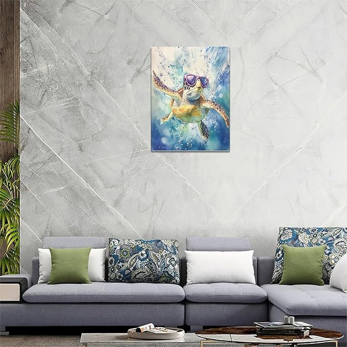 Sea Turtle Bathroom Decor Funny Turtle Ocean Bathroom Wall Art Sea Turtle Nautical Pictures Prints Turtles Gift Painting Sea Turtles Framed Artwork for Bedroom Living Room 12"x16"