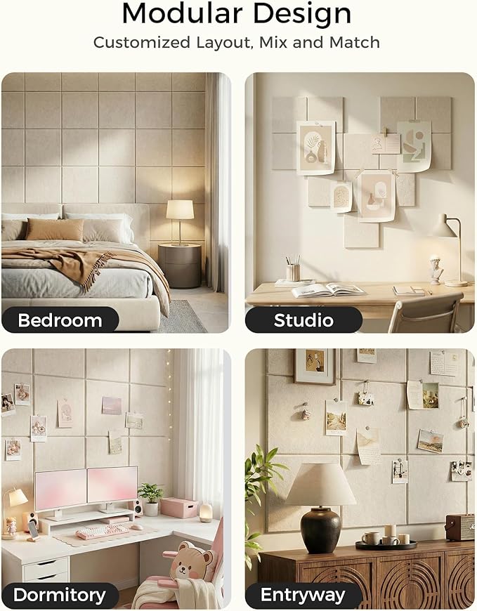 Aothia Felt Bulletin Board Tiles Large 48" x 36" Cork Board Alternative - 12-Pack with 70 Adhesive Tabs, Thick Slat Wall Panels for Office Decor, Push Pin Board Wall Organizer Alternative - Oatmeal
