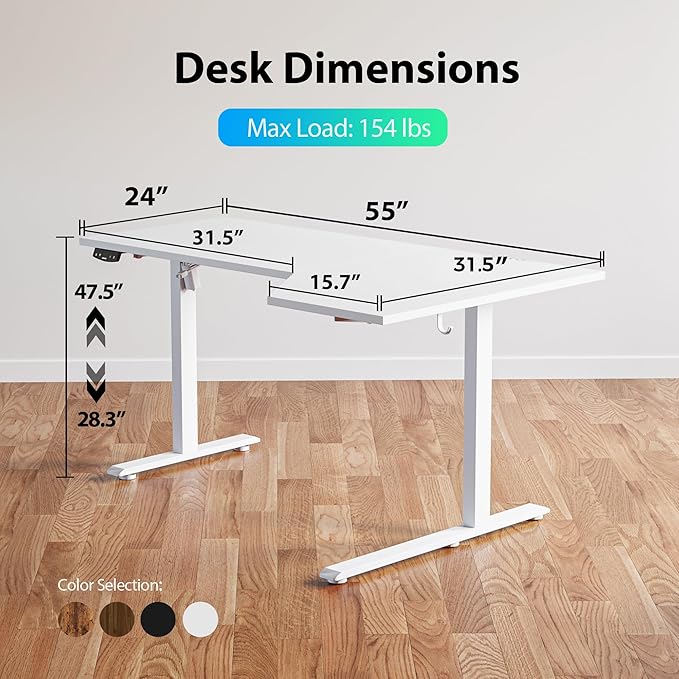 Agilestic Electric Standing Desk, Height Adjustable Desk, 55 x 32 Inch Sit Stand up for Work Office Home, L Shaped Ergonomic Rising Computer Table with Memory Preset, White