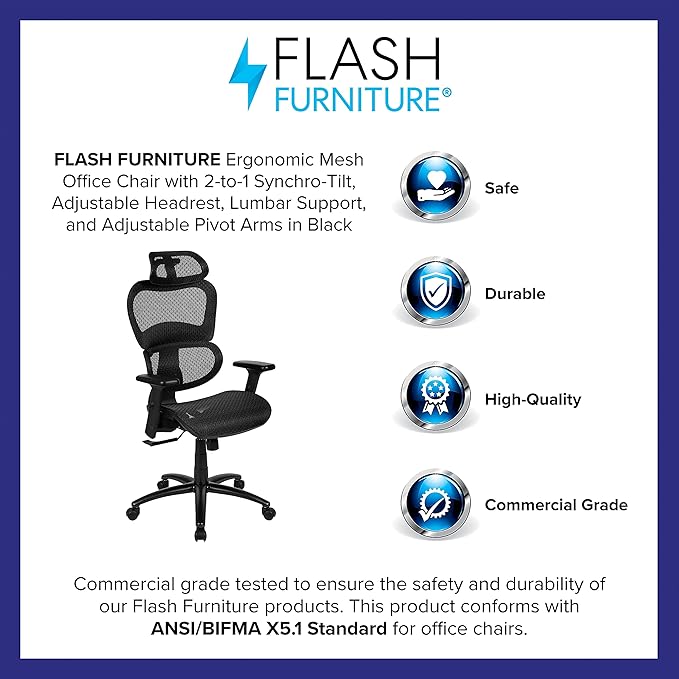 Flash Furniture LO Ergonomic Mesh Office Chair with 2-to-1 Synchro-Tilt, Adjustable Headrest, Lumbar Support, and Adjustable Pivot Arms in Black
