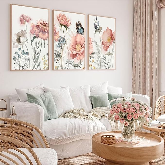 3pcs Pink Peony Floral Canvas Wall Art Butterfly Blossom Posters Prints Watercolor Bouquet Wall Decor Pictures For Living Room Classroom Bedroom Decoration Unframed