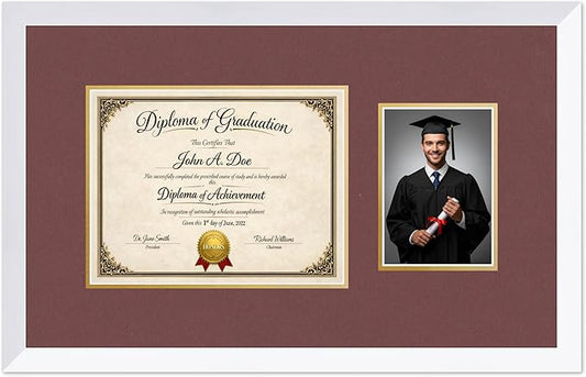 Diploma Frame With Photo Opening Bright White Dark Red Over Gold Mat - Fits 11 x 8.5 Degree and Picture Made in the USA