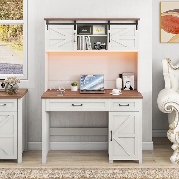 Farmhouse 47" Executive Desk, Computer Desk with 2 Drawers, LED Light and Storage Cabinet, Home Office Desk with Hutch, Charging Hub, Workstation for Home Office and Study,(Unique White