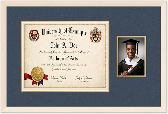 CountryArtHouse Fits 15 x 12 Military/Government and 5 x 7 Photo Diploma and Photo Frame Coastal Whitewash Genuine Hardwood with Navy Blue Over Metallic Gold Double mat