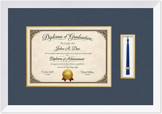Diploma Frame with Tassel Holder Bright White Shadowbox Navy Blue Over Gold Mat - Fits 11.69 x 8.27 Degree Made in the USA