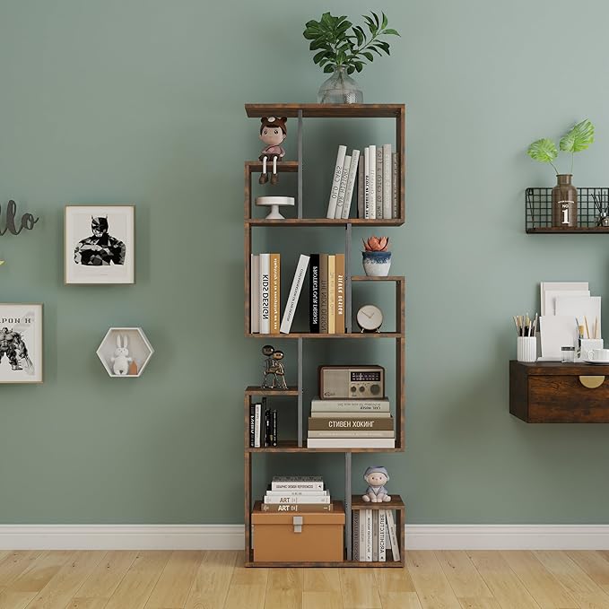 Manora 4 Tier Geometric Bookcase, S Shaped Bookshelf, Modern Black Brown Bookcase with Tall Display Shelves, Decorative Storage Shelf for Living Room and Bedroom,Dark Brown