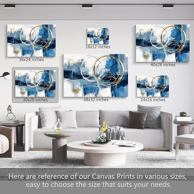 gaosoul Minimalist Abstract Canvas Wall Art Blue and Gold Doodles on White Background Painting Prints Stylish Framed Artwork for Living Room Bedroom Office Decor 30x20in