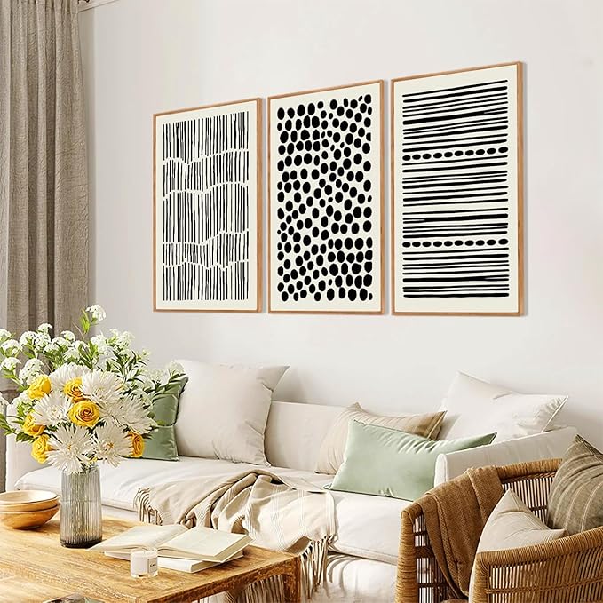 KAIRNE Black and White Boho Framed Canvas Wall Art Set, Abstract Modern Geometric Wall Decor, Minimalist Black Line Wall Painting, Modern Neutral Art Print for Living Room, Bedroom, Kitchen 16x24inch