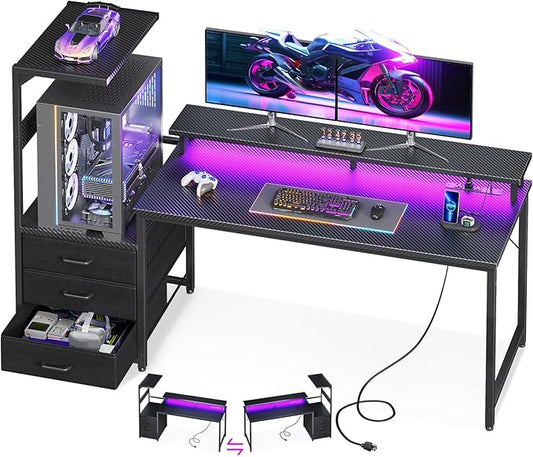 AODK 63 inch Gaming Desk with PC Display Stand, Reversible Steel Wood Computer Desk for Gaming Setup, Tiered Design to Show Off Your PC Tower & Accessories, Black