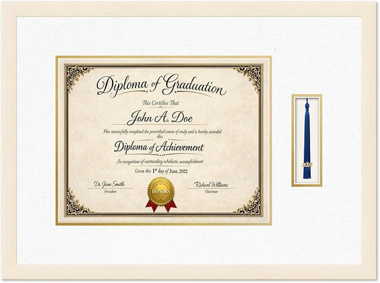Diploma Frame with Tassel Holder Coastal Whitewash Shadowbox Oyster Shell Over Gold Mat - Fits 14 x 11 Degree Made in the USA