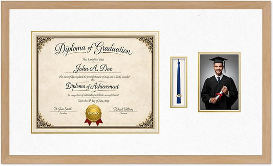 Diploma Tassel and Photo Frame Natural Wood Shadowbox Oyster Shell Over Gold Mat - Fits 15 x 12 Degree Picture Made in the USA