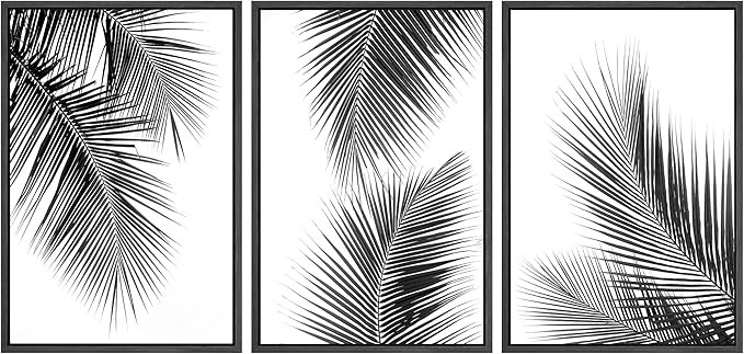 SIGNWIN 3 Piece Framed Canvas Wall Art Black and White Tropical Leaves Canvas Painting Home Artwork Decoration for Living Room,Bedroom - 24"x36"x3 Black