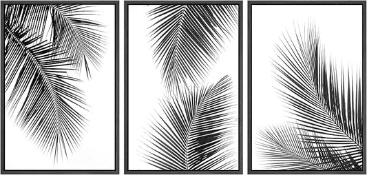 SIGNWIN 3 Piece Framed Canvas Wall Art Black and White Tropical Leaves Canvas Painting Home Artwork Decoration for Living Room,Bedroom - 24"x36"x3 Black