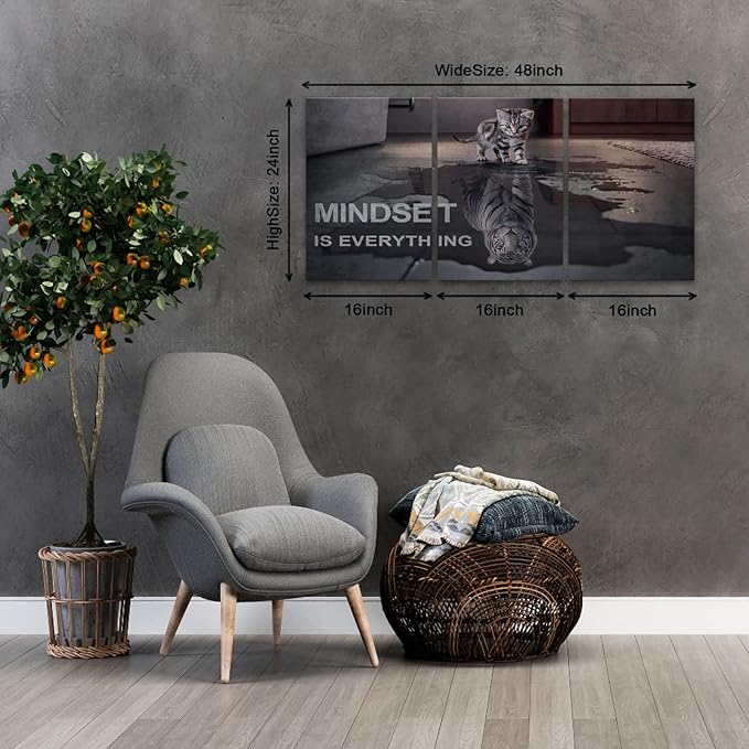 Motivational Canvas Wall Art Mindset is Everything Small Cat Big Tiger Posters Prints 3 Pieces Inspirational Quote Painting for Office Bedroom Decor (48" W x 24" H, Y-Mindset)