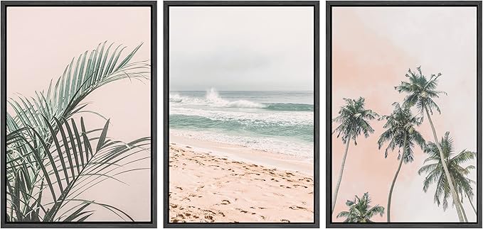 SIGNWIN Framed Canvas Print Wall Art Set Tropical Palm Leaf Beach Ocean Shore Landscape Nature Wilderness Photography Modern Art Realism Decorative for Living Room, Bedroom, Office - 16"x24"x3 Black