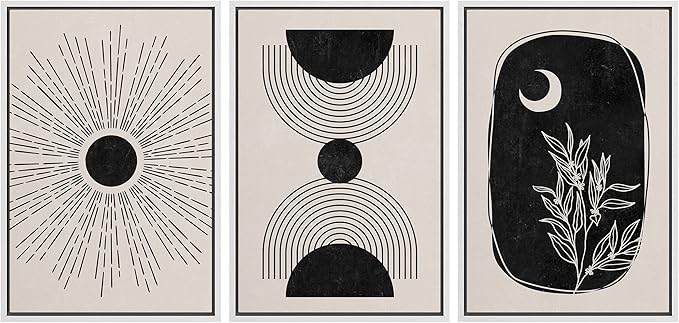 IDEA4WALL Framed Canvas Print Wall Art Set Geometric Shining Sun Crescent Moon Tree Polygons Abstract Shapes Illustrations Modern Art Nordic for Living Room, Bedroom, Office - 16"x24"x3 White
