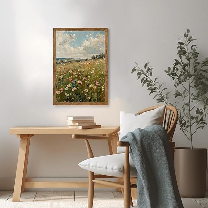 AVECCO Vintage Peaceful Wildflower Canvas Wall Art, Nature Floral Artwork Landscape Wall Decor, Colorfu Botanical Art Prints for Bedroom Living Room Office Home Decoration 16x24 Inches Wood Framed