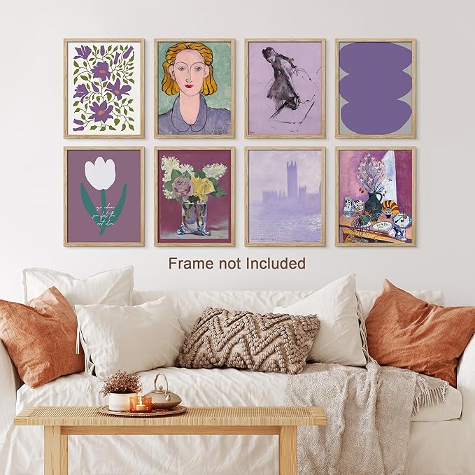 SIGNWIN Adhesive Canvas Poster Bathroom Decor, Wall Art Room Decor Multicolor for Living Room, Bedroom, Office Purple Female Portrait Lavender Flowers Vintage Illustrations Bohemian - 12"x16"x 8