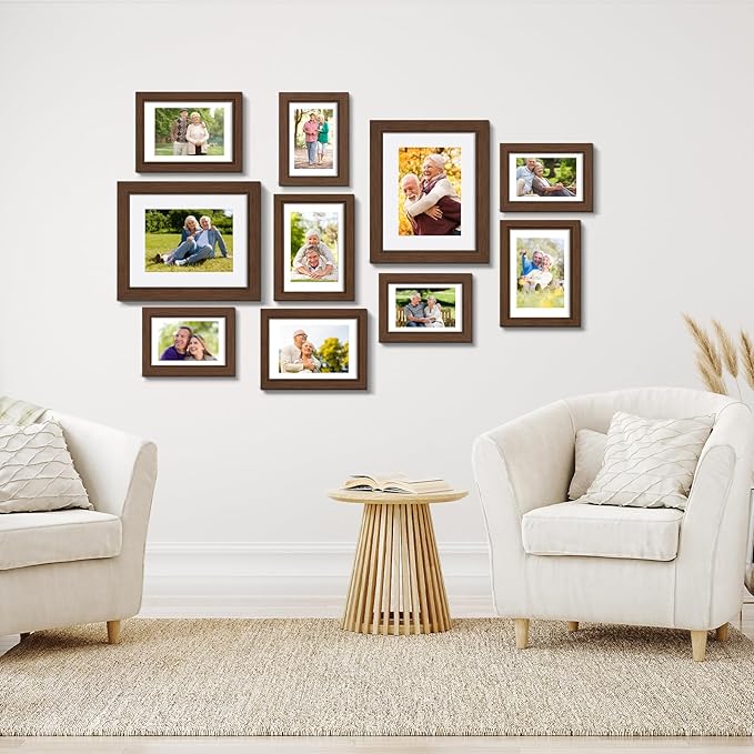 Picture Frames, Made of Real Glass and Wooden Frame, Gallery Photo Frames Set of 10 for Collage Wall Decor, Multi Sizes Including 8x10, 5x7, 4x6 for Mounting or Tabletop Display, Dark Brown