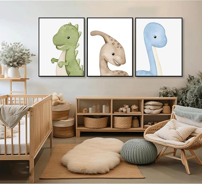 XXOUYLQ 3Pcs Watercolor Dinosaur Wall Art Kids Boys Room Canvas Wall Decor neutral dino Painting nursery Prints Funny Animals Plants Poster for Boys or Girls Bedroom unframed