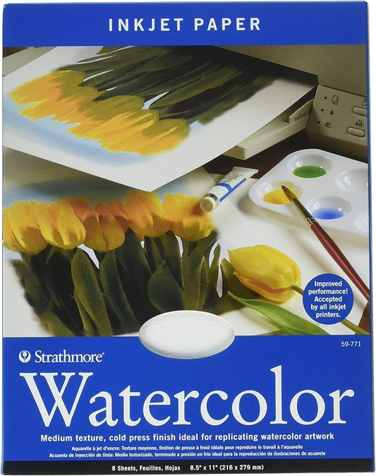 Strathmore Inkjet Watercolor Paper, 8.5x11 inches, 8 Sheets (115lb/245g) - Artist Paper for Adults and Students - Watercolors, Mixed Media, Markers and Art Journaling