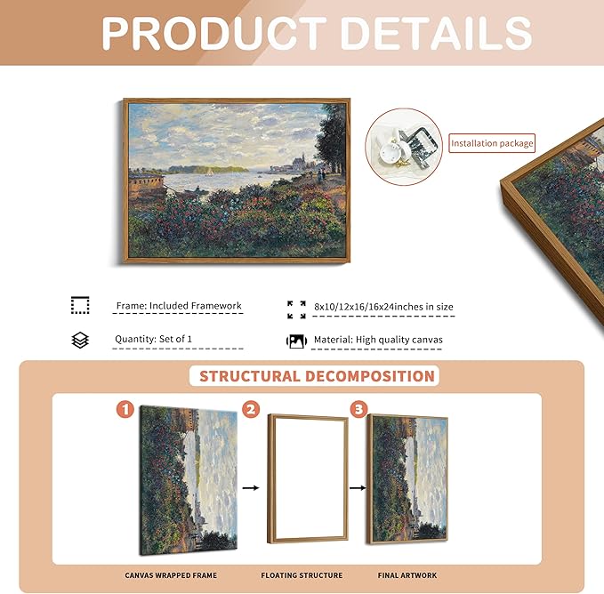 Framed Claude Monet Wall Art – Vintage Landscape Painting Wall Decor, Impressionist Living Room Wall Art, Classic Aesthetic Canvas Prints for Bedroom Kitchen Bathroom – 8"x10"