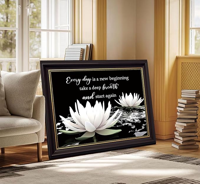 Dark Brown Frame Zen White Lotus Canvas Wall Art On In Water Blooming White Lotus Picture Wall Decor Spiritual Meditation Poster Print Painting for Modern Yoga Spiritual Spa Home Decoration