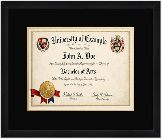 CountryArtHouse Diploma Frame Fits 14 x 11 College Diploma (Modern) - Keepsake Graduation Display Matte Black Genuine Hardwood with Black Over Metallic Gold Double mat