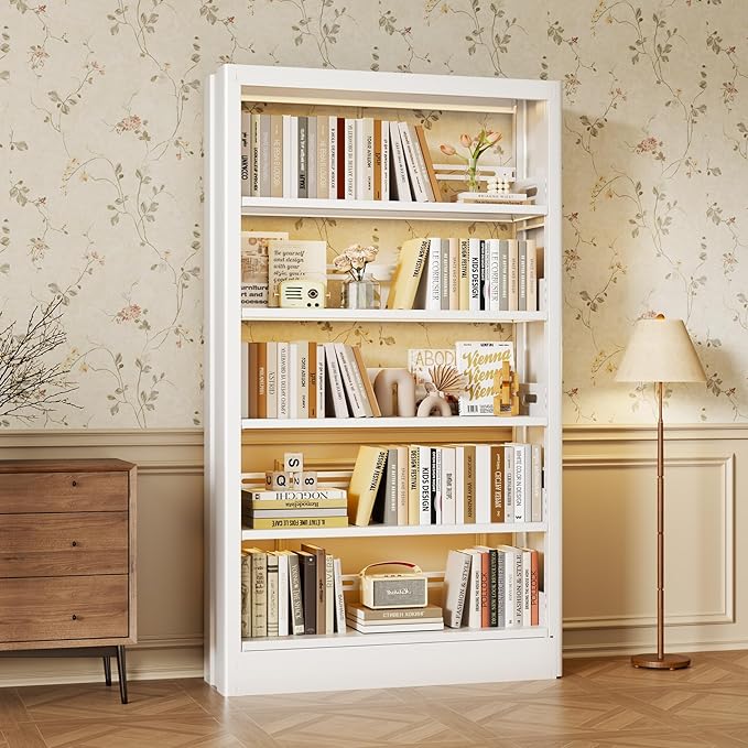 Metal Bookshelf, 5-Tier Bookcase with Adjustable Storage Shelf, 71" Tall Bookcases Heavy Duty bookcase with Bookends, Modern Bookshelf for Living Room, Library, Bedroom,Includes Book Stoppers-White