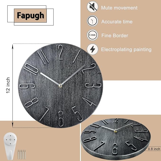 Wall Clock, Silent Clock, Wall Clocks Battery Operated， 12 inch Modern Wall Clock, Suitable for Offices, Living Rooms, Kitchens, Homes, Schools (Gray Without Second Hand)