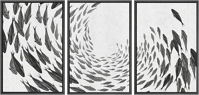SIGNWIN Framed Canvas Print Wall Art Swirling School of Fish Abstract Shapes Illustrations Modern Art Minimalist Relax/Calm Black and White for Living Room, Bedroom, Office - 16"x24"x3 Black