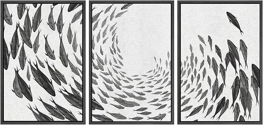 SIGNWIN Framed Canvas Print Wall Art Swirling School of Fish Abstract Shapes Illustrations Modern Art Minimalist Relax/Calm Black and White for Living Room, Bedroom, Office - 16"x24"x3 Black