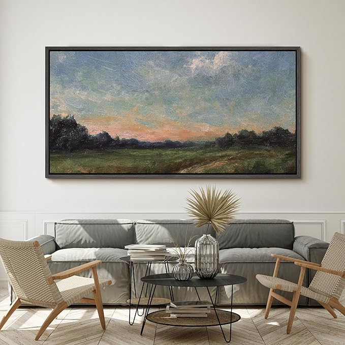SIGNFORD Extra Large Framed Canvas Quiet Green Field at Dusk Illustrations Modern Art Calm Warm for Living Room, Bedroom, Office - 60"x30"