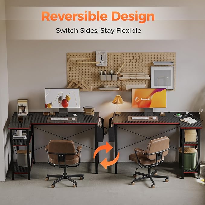 Mericonia Small L Shaped Computer Desk with Power Outlets, Reversible Gaming Desk with Storage Shelves, Corner Gamer Desk Table, Study Writing Table