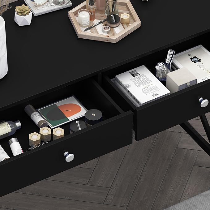 WiberWi Home Office Desk with Drawers, Black Modern Writing Computer Desk, Small Makeup Vanity Table for Bedroom, Study Table for Home Office