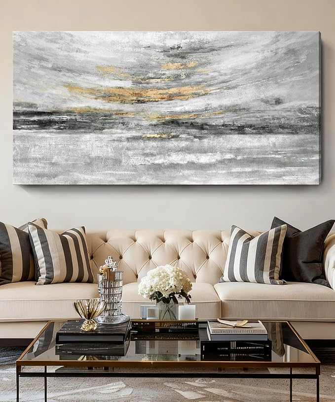 Nicetop 58x29" Modern Minimalist Black & White Abstract Coastal Wall Art with Metallic Gold Accents – Gallery Wrapped Abstract Ocean Waves & Clouds Canvas Art, Ready to Hang for Living Room Wall Decor, Bedroom Wall Art & Office Wall Decor