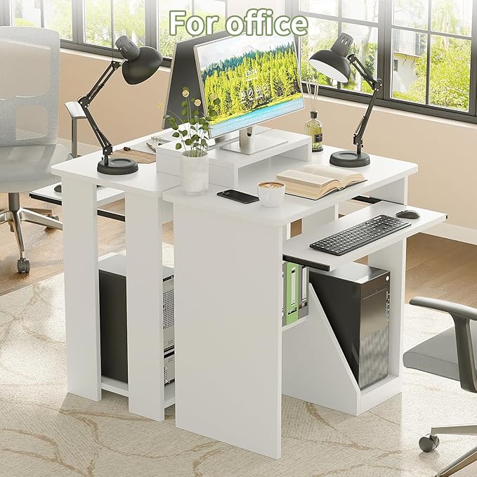 ALISENED 30" Small Computer Desk with Keyboard Tray Monitor Stand, Study Writing Desk with Storage Shelves, Modern Workstation for Small Spaces, Save Space, White