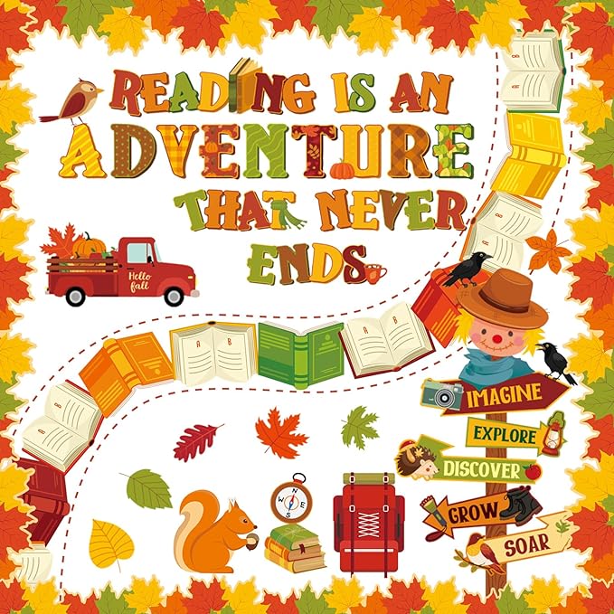 Pasimy 59 Pcs Fall Thanksgiving Reading Bulletin Board Fall Reading is an Adventure Bulletin Board Classroom Decoration Maple Leaves Paper Cutouts for Autumn Thanksgiving Chalkboard Wall Decor(Road)