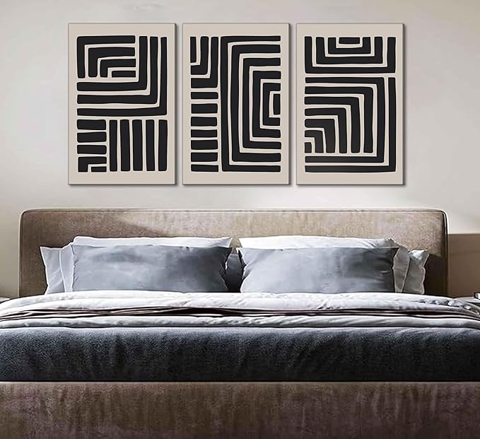 3 Pcs Boho Abstract Lines Canvas Wall Art Modern Neutral Minimalist Bohemian Black Geometric Line Picture Wall Decor Poster Print Artwork for Living Room Bedroom Office Home Decoration