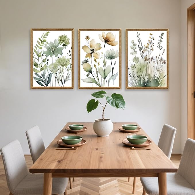 SYWENNOI Wood Framed Green Botanical Canvas Wall Art, Boho Floral Watercolor Art Wall Decor, Minimalist Flower Pictures Poster Prints for Bedroom Bathroom Living Room Ready to Hang 16x24 Inches