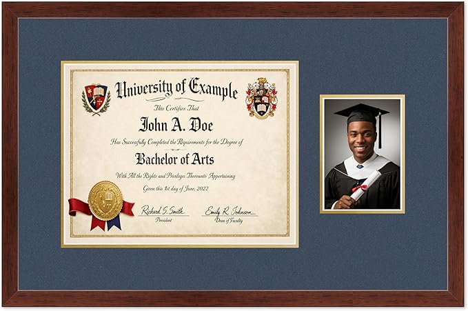 CountryArtHouse Fits 14 x 11 College Diploma (Modern) and 5 x 7 Photo Diploma and Photo Frame Rustic Walnut Genuine Hardwood with Navy Blue Over Metallic Gold Double mat